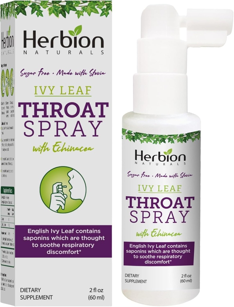 HERBION Naturals Throat Spray, Soothes Respiratory Discomfort with the Power of English Ivy, Marshmallow, 그리고 Echinacea 추출물 for Adults and Children, 2 Fl Oz, Pack of 1