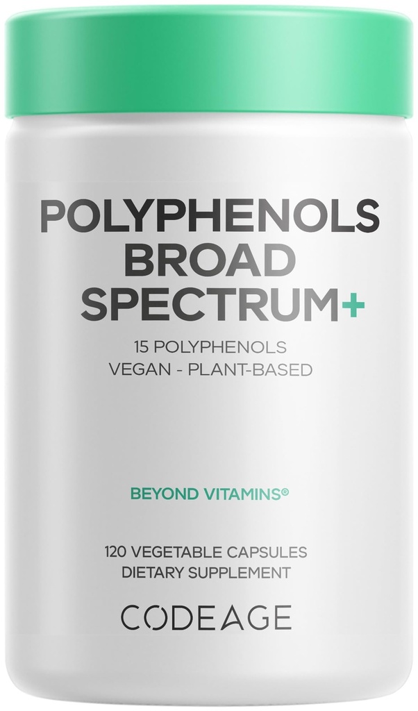 Codeage Polyphenols Broad Spectrum Supplement - 15 Berries, Fruits 및 Botanical Extracts, Decaf Green Tea Leaf, Quercetin, Resveratrol, Pomegranate, Turmeric의 혼합 - 비 GMO - 120 캡슐