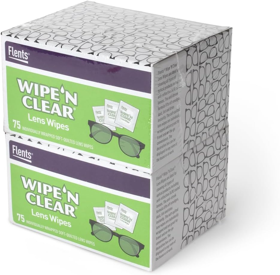 Flents 렌즈 닦음, Wipe 'N Clear, 150 Count, Pre-Moistened, Streak-Free, Safe for Glass, 선글라스, Gentle Cleaning, Clear Vision, 개별적으로 여행 및 편의성 포장, 미국