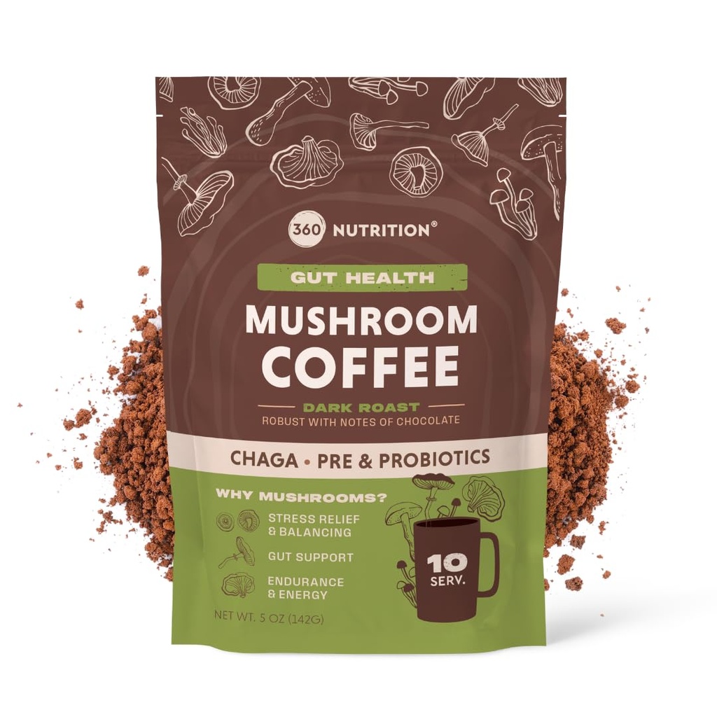 Chaga Superfood Mushroom 및 Prebiotics, Gut Health의 Probiotics 및 Focus Support가있는 360 영양 인스턴트 버섯 커피 | 다크 로스트, 추가 설탕 5 oz (Gut Blend)