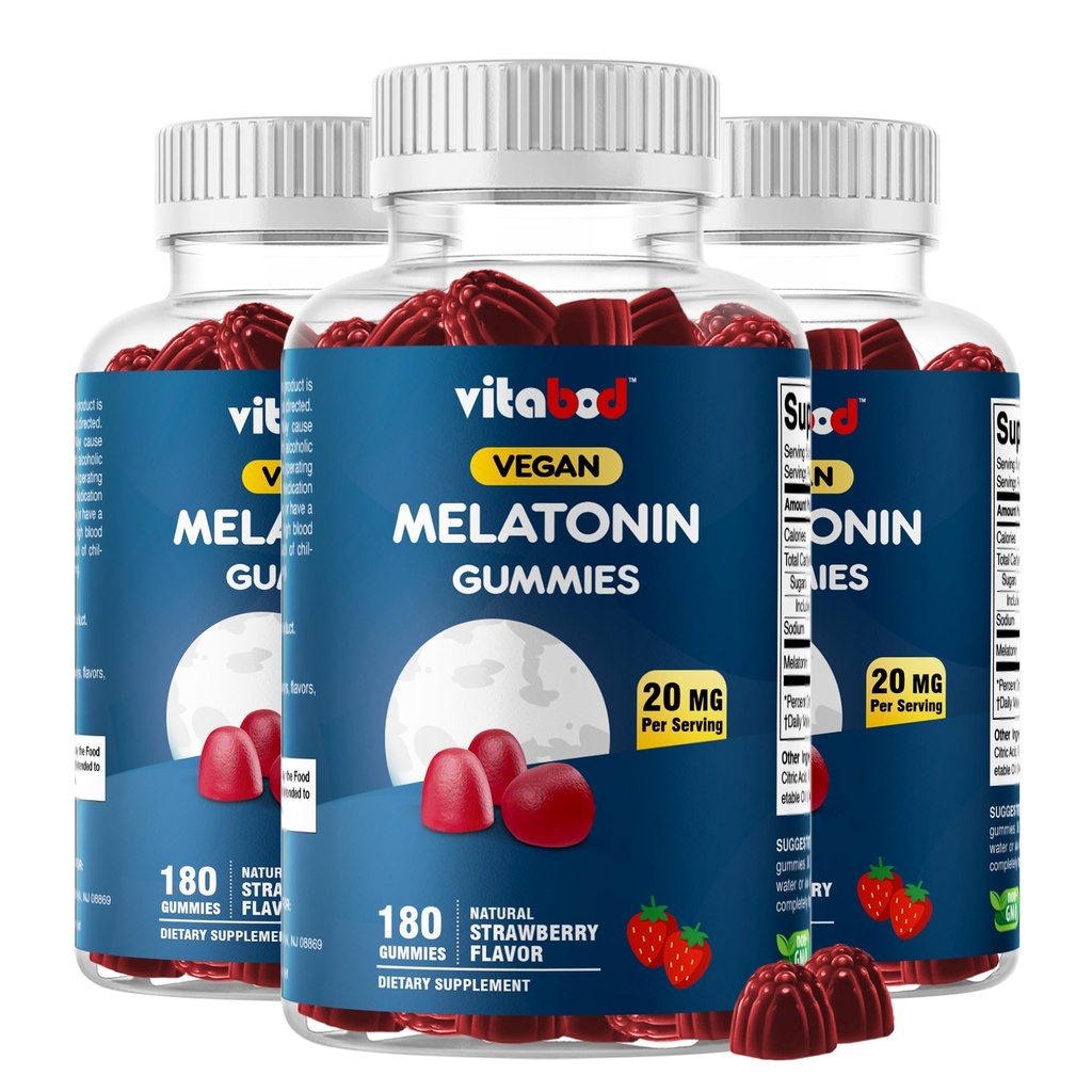 Melatonin 20mg Gummies - 180 카운트 - 약물 무료 - 천연 딸기 맛 - 채식주의, 비 GMO, 글루텐 무료 (3 병)
