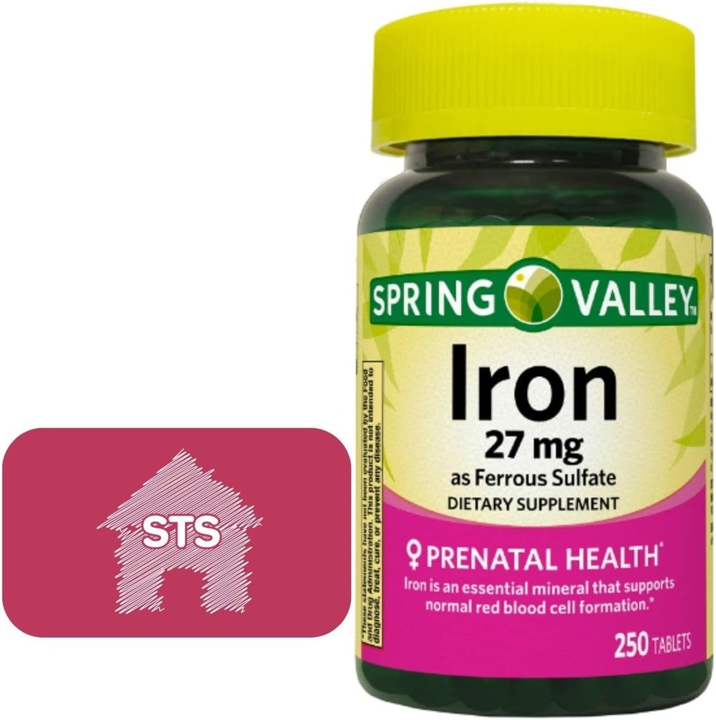 철 황산염 27 mg, 250 카운트 + STS 홈 스티커로 스프링 밸리 철.