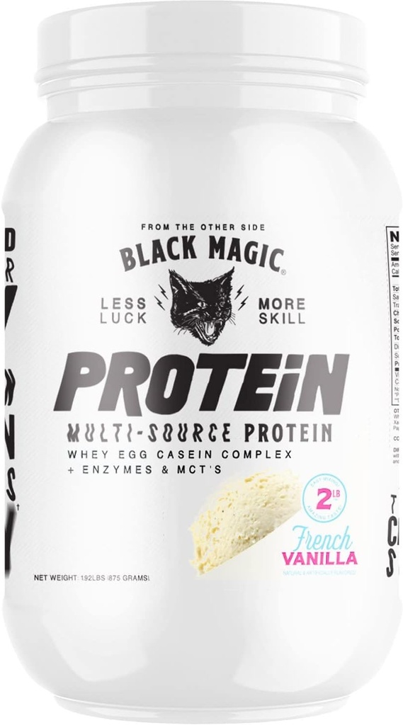 블랙 매직 멀티 소스 단백질 - Whey, Casein, 효소, & MCTs - 사전 포스트 운동 - Keto, 낮은 설탕, 글루텐 무료 - 프랑스어 바닐라 - 24g 단백질 - 2 LB