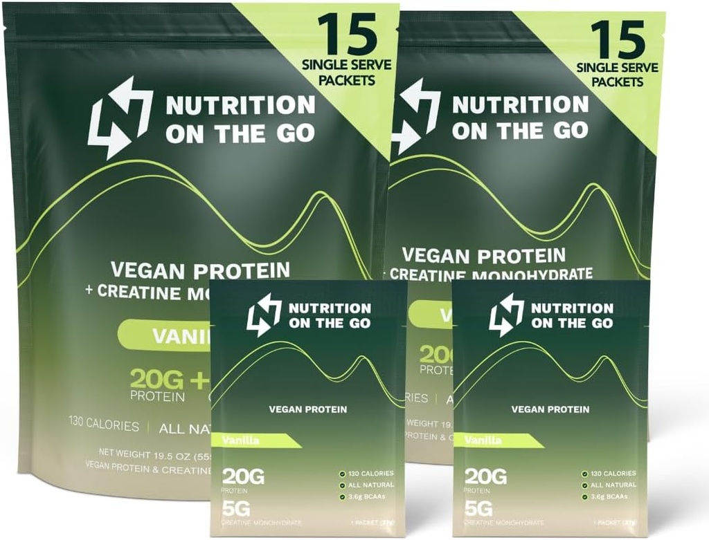 크레아틴과 함께 Go Vegan Protein Powder Packets에 영양 - 20g 식물 단백질 + 5g Creatine - 단일 - Serve 여행 단백질 분말 - All-Natural, 글루텐 - 무료 - 바닐라 - (30-Pack)
