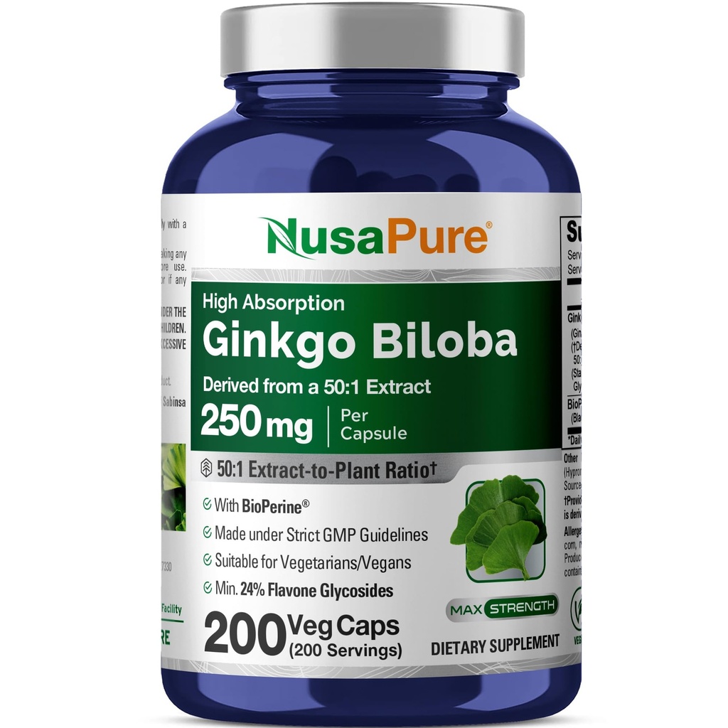NusaPure 은행나무 Biloba 50:1 추출물, Veggie 모자 당 12,500 mg와 동등한 250 mg 200 캡슐 (채식, 비 GMO, 채식주의자) Bioperine