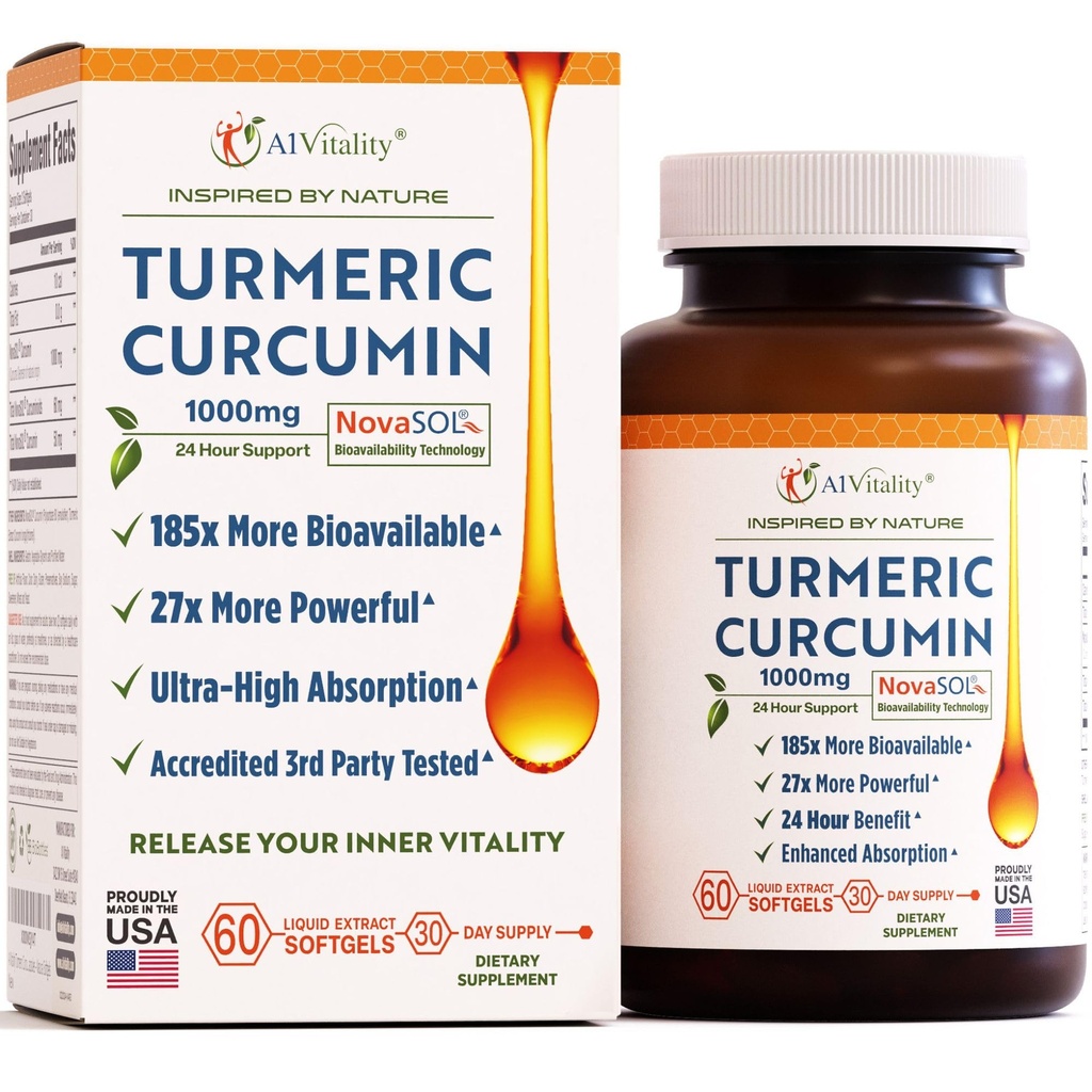 A1Vitality NovaSOL Turmeric Curcumin 1000mg - 임상적으로 입증 된 185x 높은 흡수 - 합동 안락, 기동성 및 전반적인 웰빙을 촉진 - 비 GMO, 의사 공식화, 60 Softgels.
