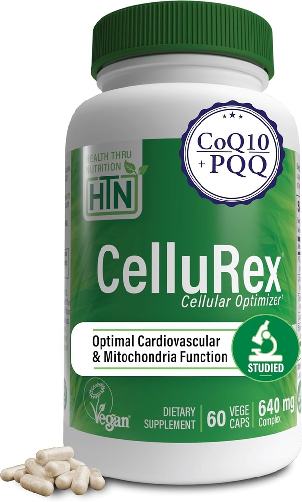 Health Thru Nutrition CoQ10 Plus PQQ 및 Red Spinach | Cellurex | 뇌 순환 에너지 및 Mitochondria 기능 지원용 셀룰러 | 인증된 Vegan | Non-GMO (60)