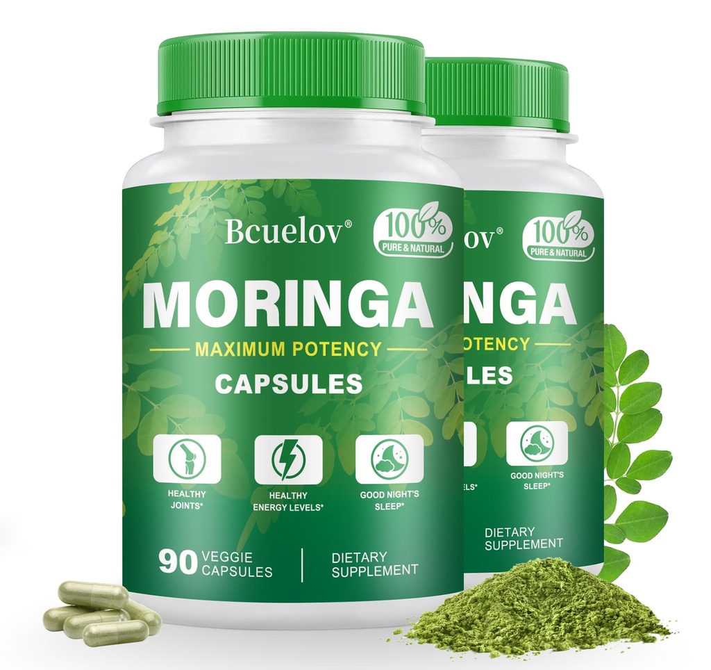 Moringa 캡슐 2 병 | 800mg 순수한 Moringa 분말 캡슐 – 지원 에너지, 면역 지원, Gut 건강, 녹색 Superfood 포함 비타민 & 아미노산