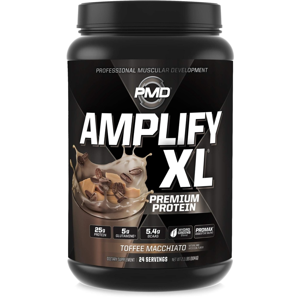 PMD Sports Amplify XL 프리미엄 Whey Protein Supplement Hydro Greens Blend - 근육, 힘 및 회복을위한 Superfood가있는 글루타민 및 Whey Protein Matrix - Toffee Macchiato (24 인분)