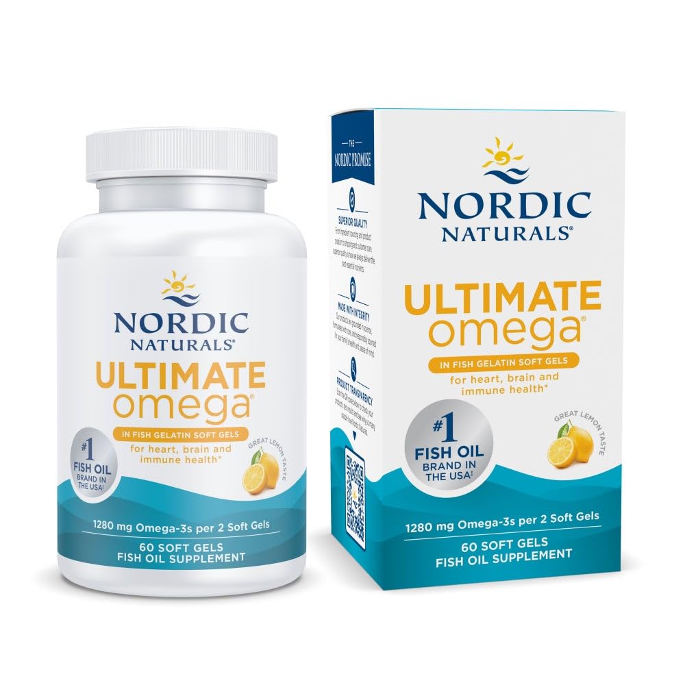 물고기 젤라틴, 레몬 맛의 Nordic Naturals Ultimate Omega - 60 소프트 젤 - 1280 mg 오메가-3 - 고순도 생선 오일 보충 - EPA 및 DHA - 뇌 및 심장 건강 촉진 - Non-GMO - 30 서빙