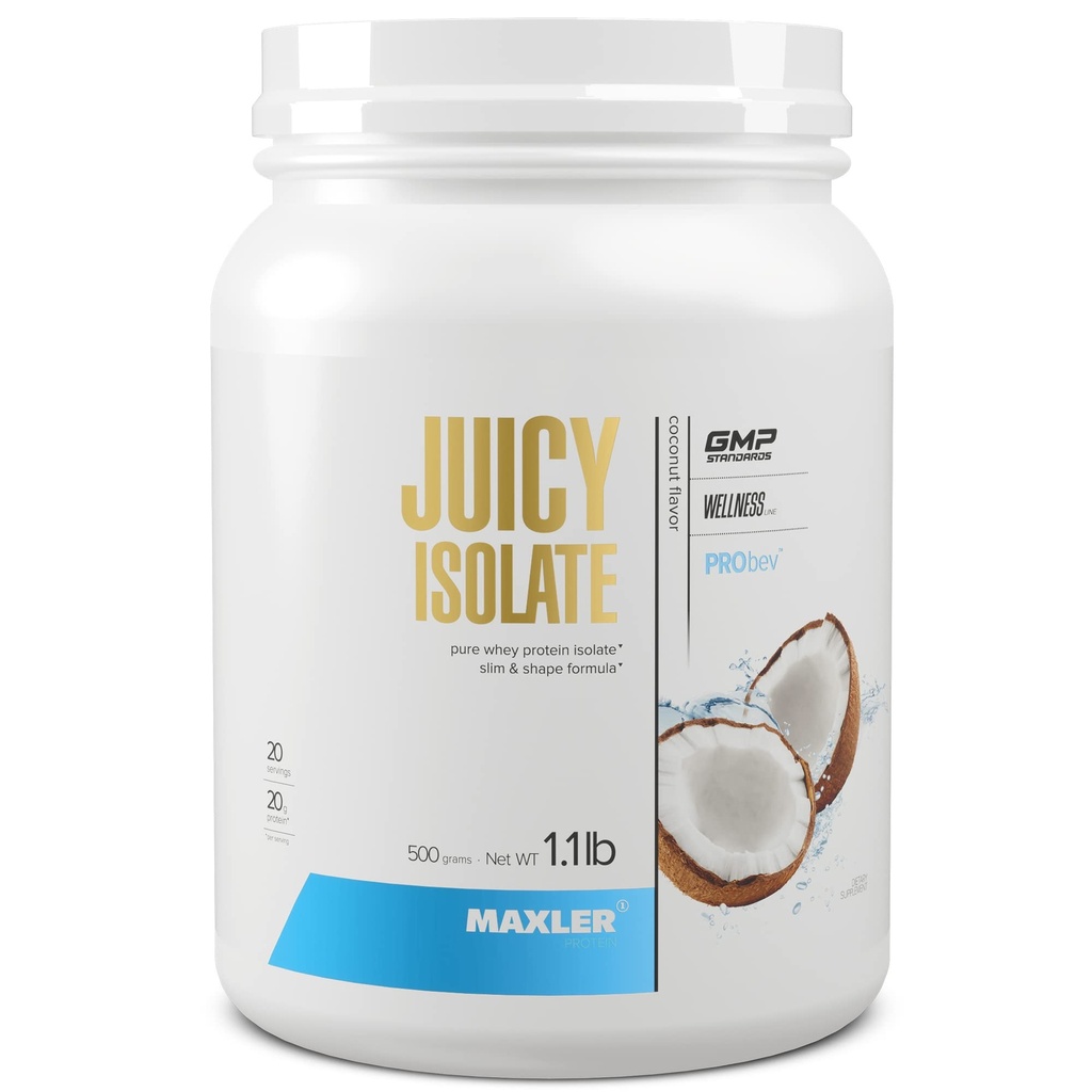 Maxler Juicy Isolate Protein Powder - Clear Whey Isolate - 낮은 Lactose, Fat Free, Sugar Free Muscle Recovery Drink for Pre & Post Workout - 서빙 당 단백질의 90 % - 코코넛 1.1 lb (20 서빙)