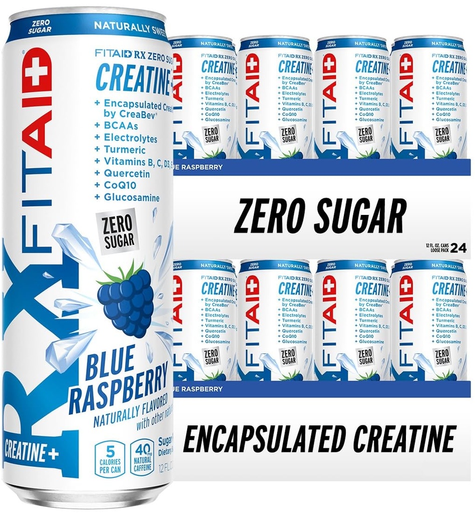FITAID RX Zero Sugar, 캡슐화 된 크레아틴, 운동 회복 음료, All-In-One Blend, BCAA, 글루코사민, 심황, B-Complex, 일렉트로트로트, 블루 라즈베리, 12 Fl Oz (24 팩)