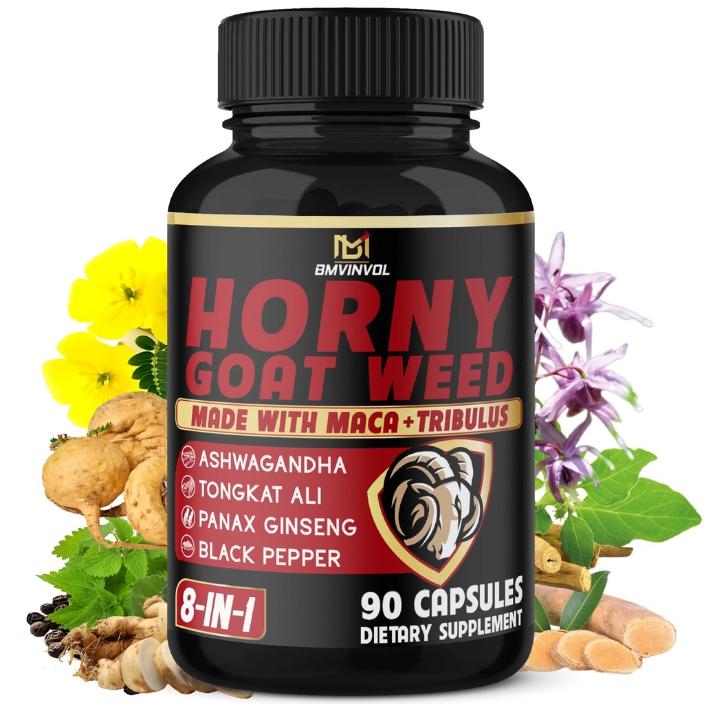 BMVINVOL Horny Goat Weed 캡슐 Maca, Ginseng, Tribulus Terrestris, Ashwagandha, Black Pepper - 90 3 개월 공급