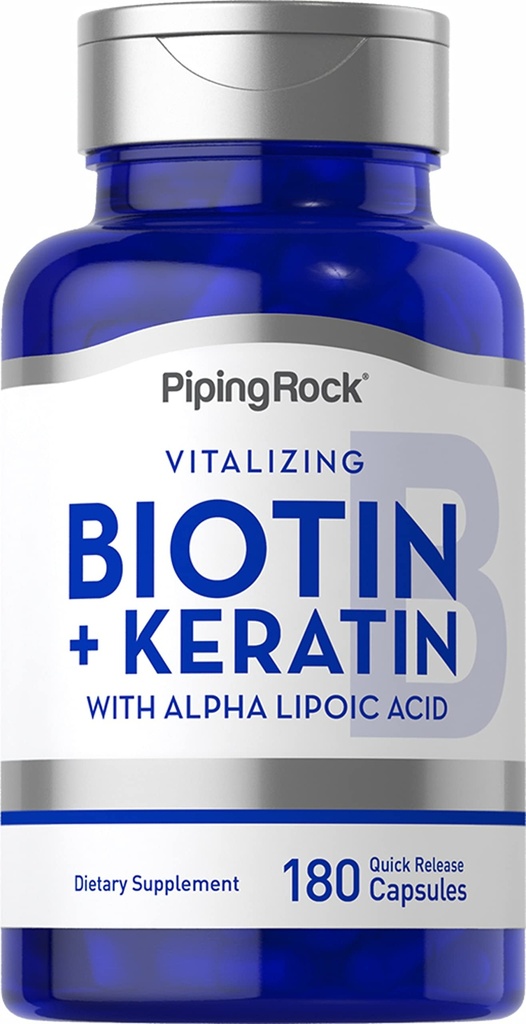 Piping Rock Biotin 5000mcg | 180 캡슐 | Plus Keratin 및 Alpha Lipoic Acid | Non-GMO, 글루텐 무료 보충
