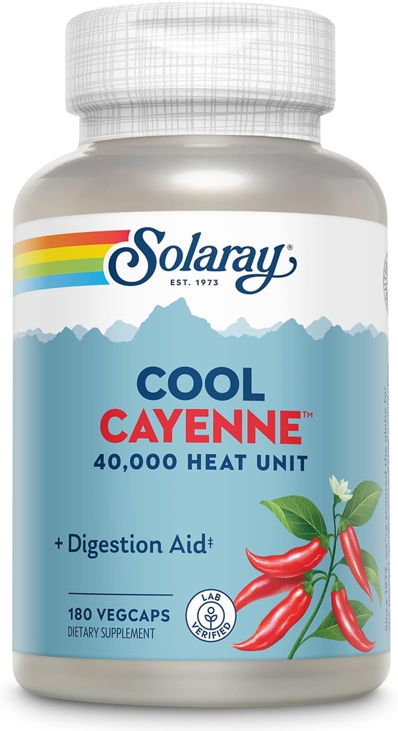 SOLARAY Cool Cayenne Pepper 40,000 HU, Cayenne Pepper Capsules, Digestion Aid, Bio-Cool Process, Lab Verified, 60 일 환불 보증, 90 서빙, 180 VegCaps