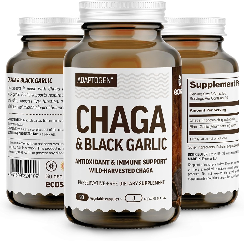 100 % Real Wild Chaga Mushroom & Aged Black Garlic Powder Capsules - 산화 방지제 및 면역 지원 보충교재 | 노르딕 Forest Chaga Mushrooms with Black Garlic | 필러 | 1500mg 캡슐 | 90 ct