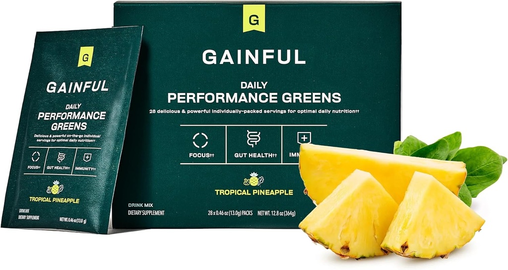 L Theanine, Organic Green, Chlorella, Ginger, Green + Adaptogen Drink Mix, 28 Packets와 함께 놀라운 일일 성능 녹색 분말, 코코넛 파인애플, Gut 건강, 에너지, 초점 및 면역 지원