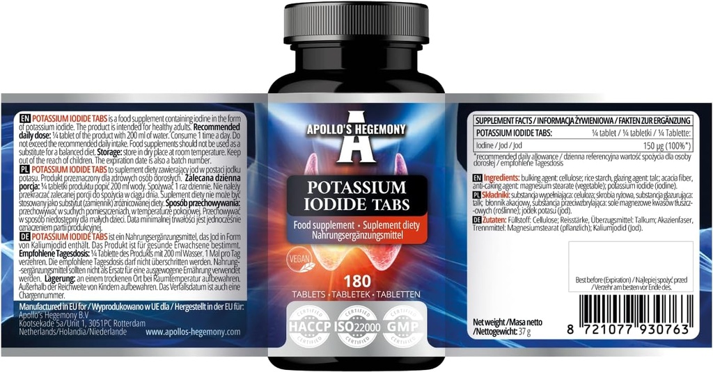 칼륨 Iodide 150 Portion 당 mcg - 180 Vegan 정제 - 720 서빙 - Optimal Gland 기능 및 에너지 대사를위한 - Apollo의 Hegemony에 의해 다이어트 보충