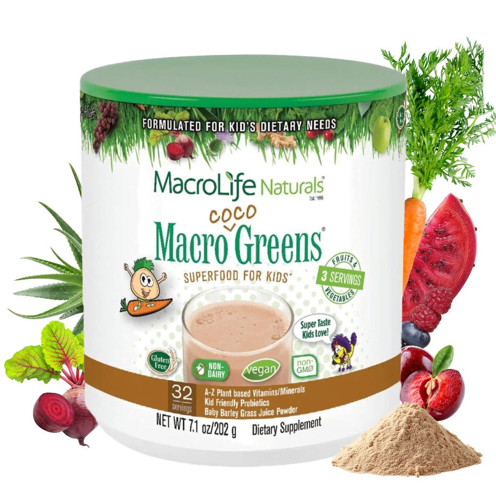 MacroLife Naturals MacroCoco Greens Chocolate Superfood Powder for Kids Raw Fruits Veggies Probiotics & Digestive Enzymes, Immunity Energy, Non-GMO, Vegan, Gluten, Dairy Free - 7oz (32 인분)