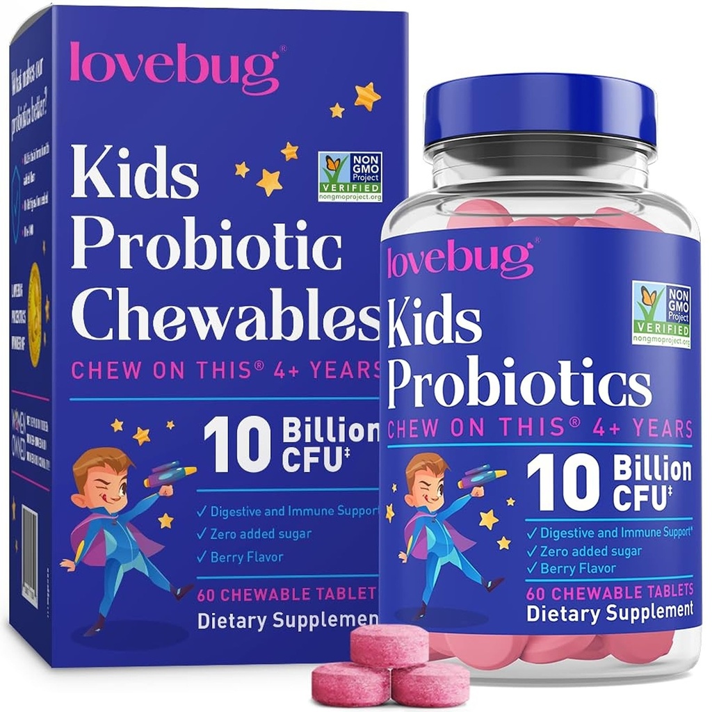 아이를 위한 LOVEBUG Probiotics – 나이 4를 위한 Prebiotic 섬유를 가진 Probiotic Chewables, 매일 아이들의 Gut 건강 & 소화 지원 보충교재, 설탕 자유로운 베리 풍미, 60 조사