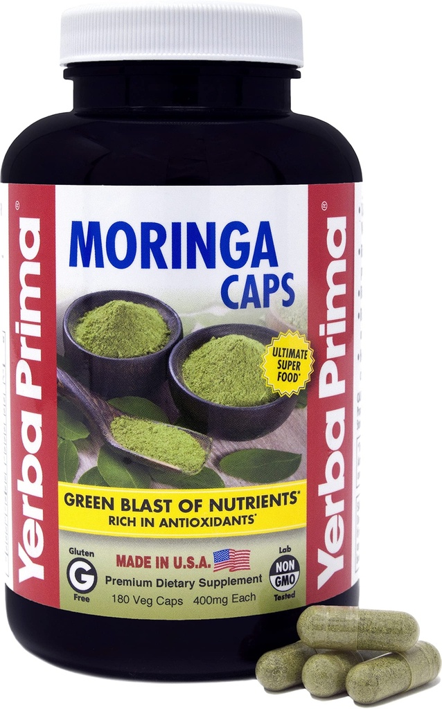 Yerba Prima Moringa, 180 Count Veg Caps - 400mg of Pure, Dried Leaf Powder, 산화 방지제, 100 % 순수, 슈퍼 푸드, 비 GMO, 비건 친화적 인, 글루텐 프리, 미국 Made