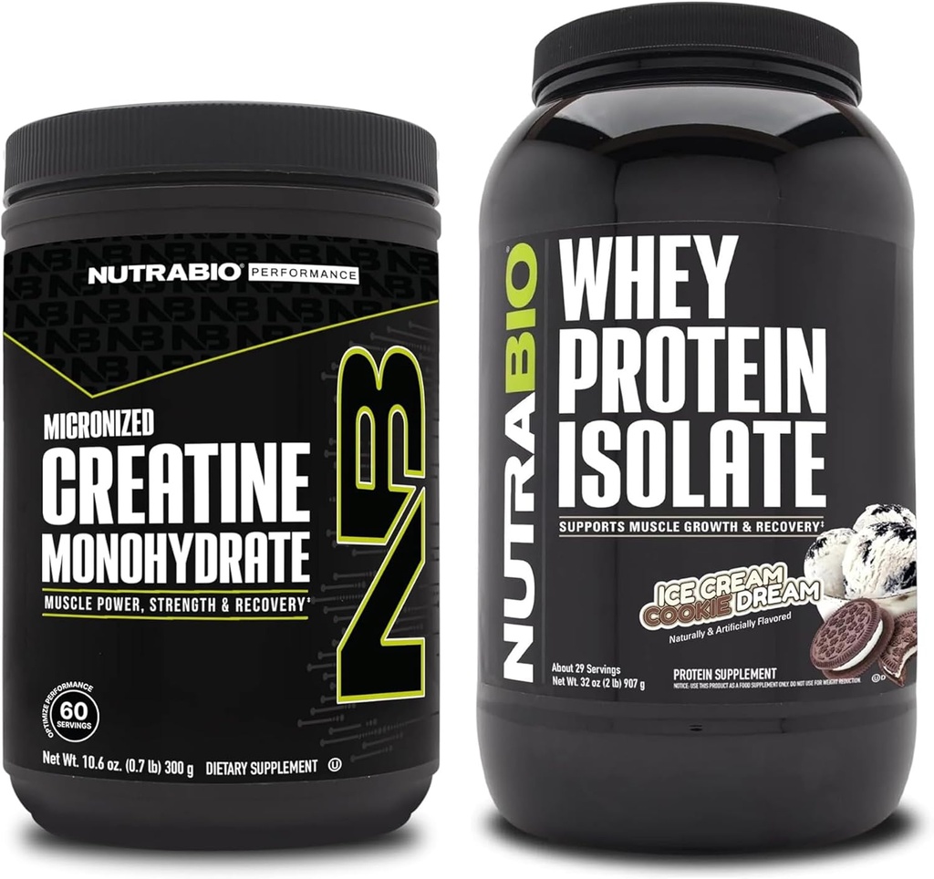 NutraBio Creatine Monohydrate, Unflavored, 300g 및 Whey Protein Isolate, 아이스크림 쿠키 드림, 보충 번들 - 근육 에너지, Lean 근육 성장, 회복 및 힘