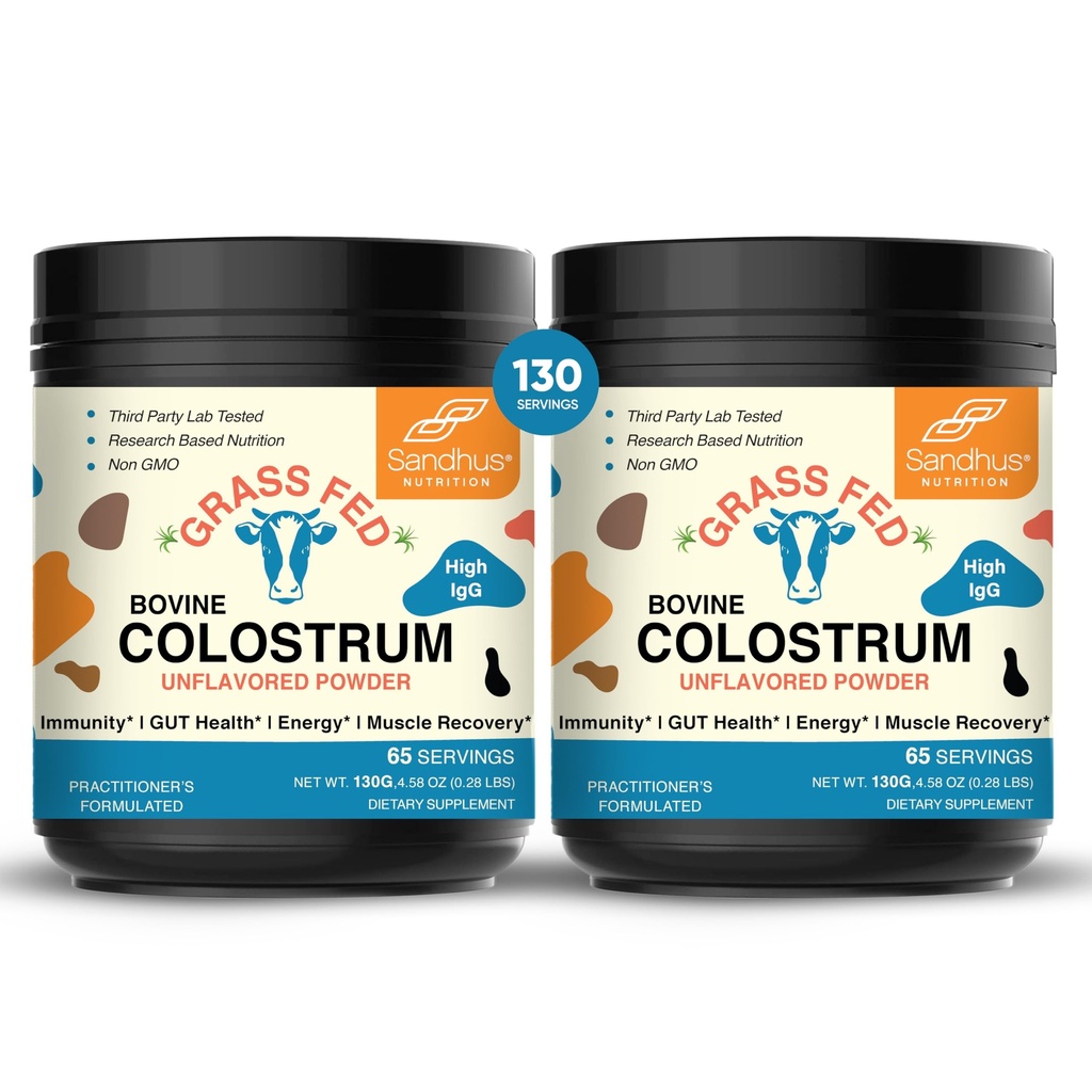 Sandhu's Grass Fed Bovine Colostrum Powder for Humans, Adults | 65 서빙 (패키지 오브 2) 쿠스 보충 | 구트 건강을위한 높은 IgG | 면역력 및 근육 회복 지원 | 불확실한 | 남성 및 여성용