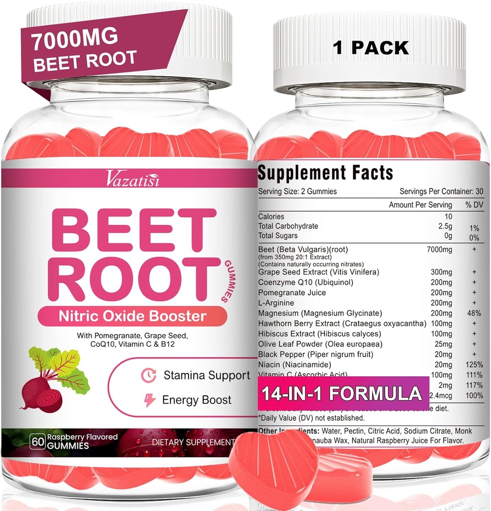 Beet 뿌리 Gummies - 순환 지원, Nitric 산화물 생산을위한 질화물 - 포도 씨앗, Hawthorn Berry, Hibiscus, Organic, Non-GMO, 60 Gummies