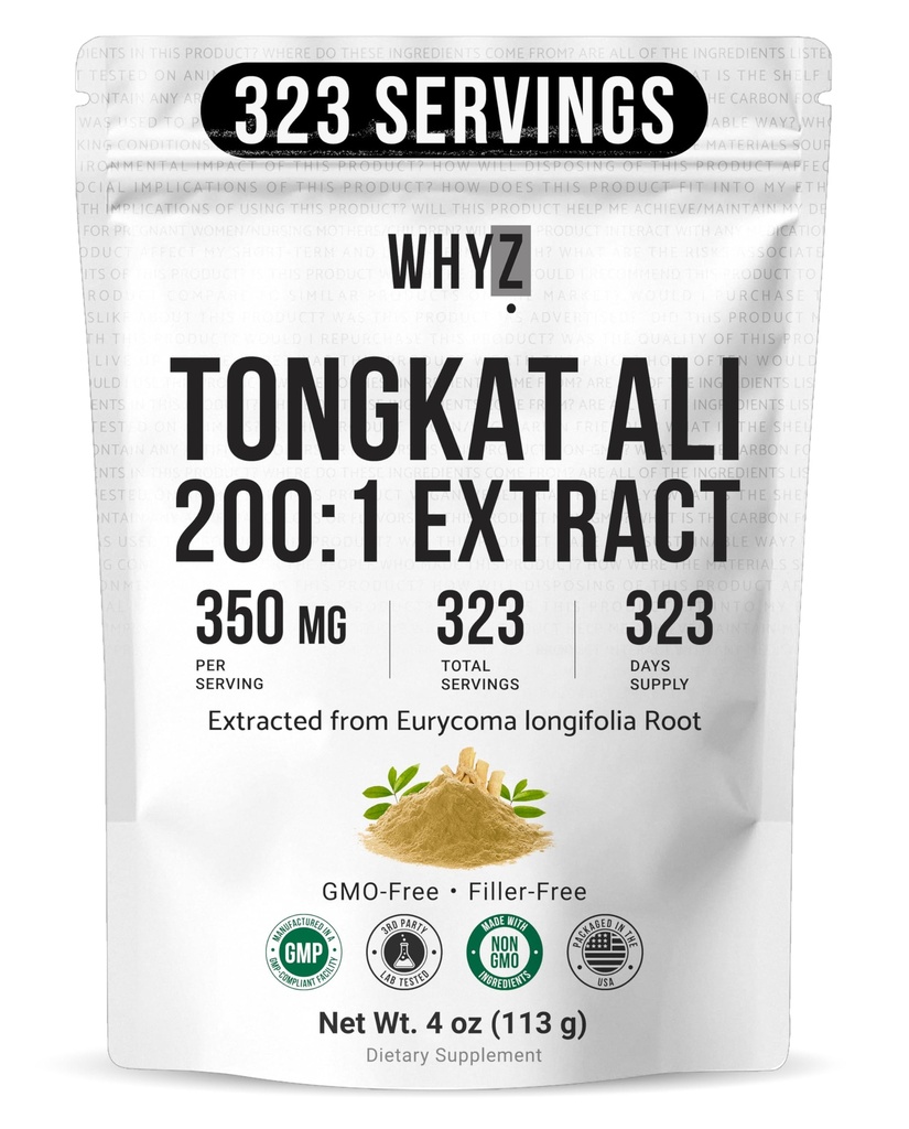 WHYZ Tongkat Ali 분말 113g, 순수한 Longjack 200 : 1 추출물 Eurycoma Longifolia 보충 분말 증가 신체 성능 및 웰빙, 남성과 여성을위한 Longjack Tongkat Ali, 323 서빙