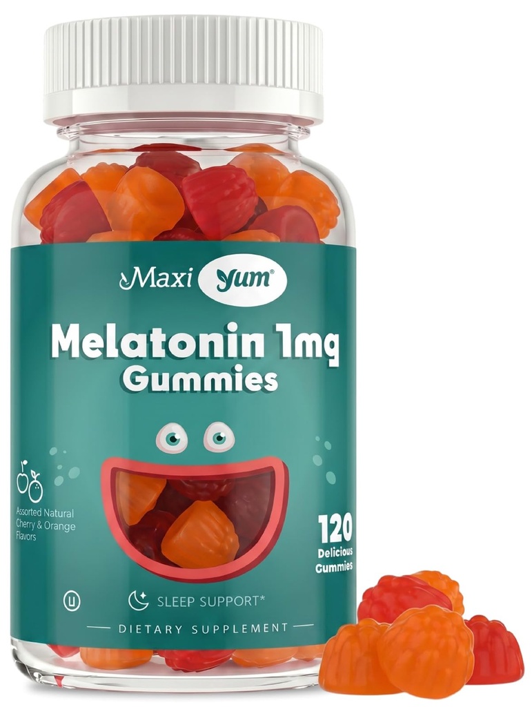 Maxi Health 1mg Melatonin Gummies - 자연 체리 및 오렌지 맛이있는 어린이 Melatonin Chewable - 성인 및 아기 수면 도움은 휴식 밤 (120 카운트)을 지원하기 위해 보충합니다.