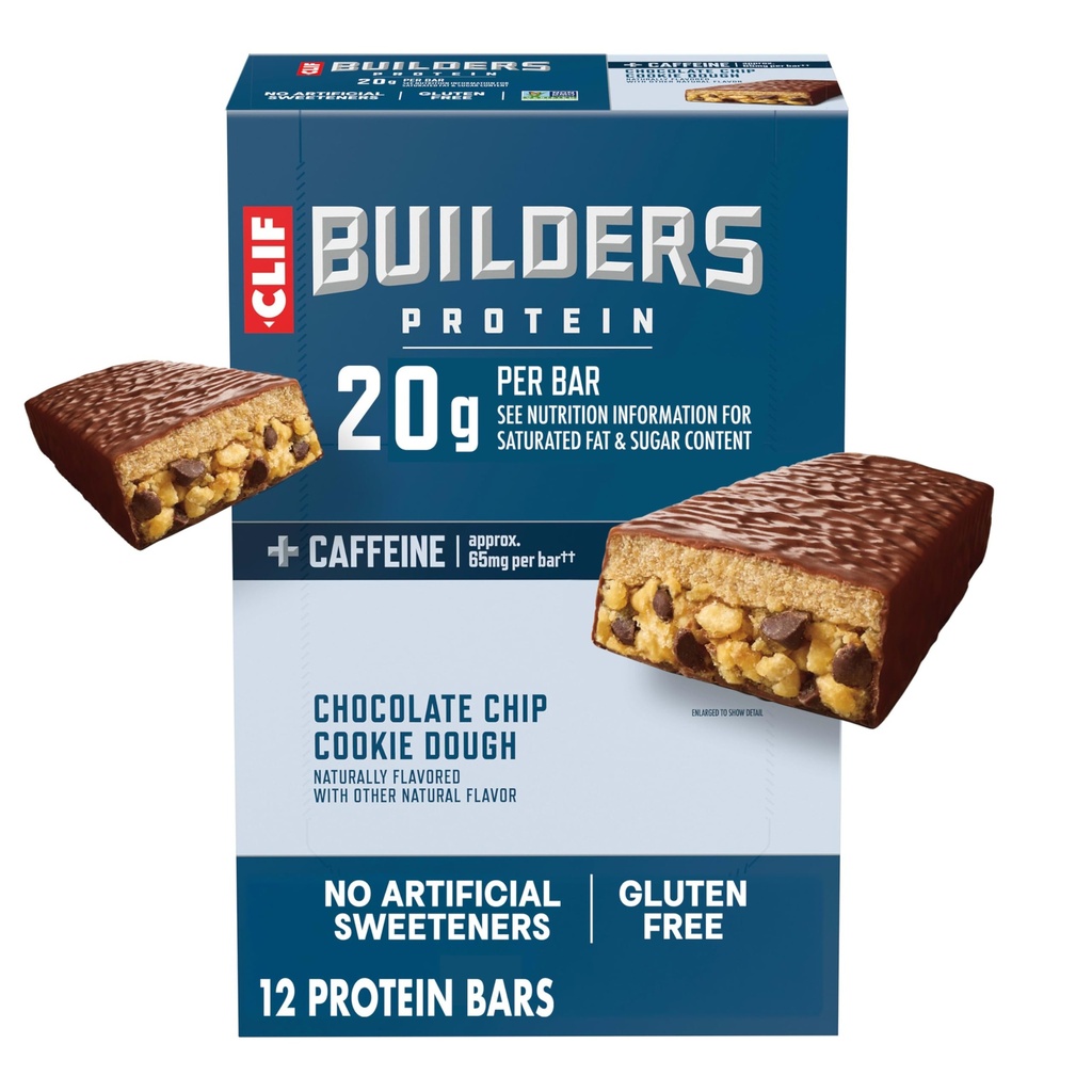 CLIF BUILDERS + 카페인 단백질 바 - 초콜릿 칩 쿠키 반죽 맛 - 20g 식물 기반 단백질 - 글루텐 무료 - 비 GMO - 낮은 글리세라이드 - 인공 감미료 없음 - 2.4 oz. (12 팩)