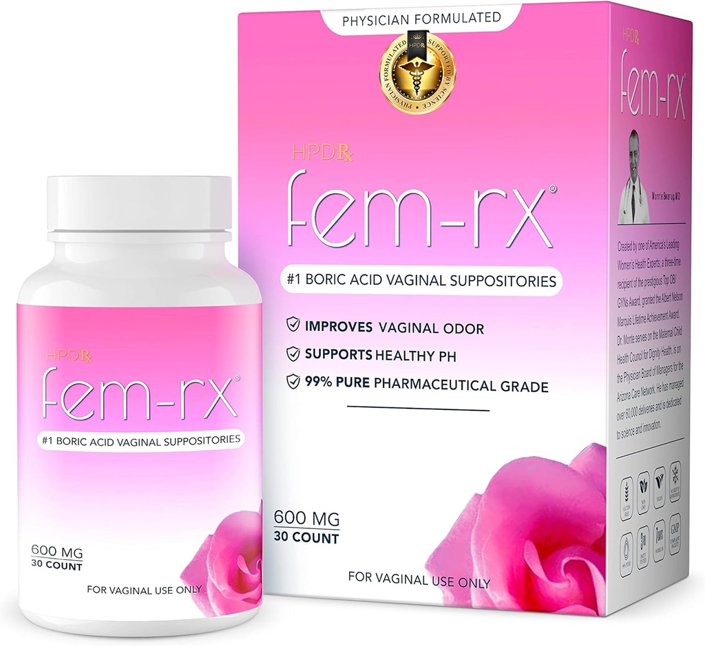 HPD Rx Fem-Rx Boric Acid Vaginal Suppositories for Women – 도움 균형 질 PH, 질 냄새 제거 – 식이는 Feminine 건강 지원 – 1의 30의 캡슐 팩