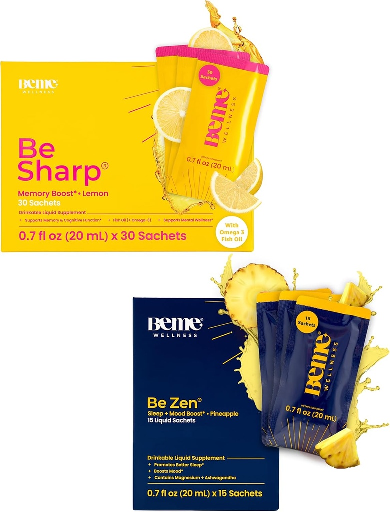 BeMe BeSharp & BeZen 번들 - 액체 Omega-3 & 마그네슘 글리세라이드 L-Theanine 보충 교재