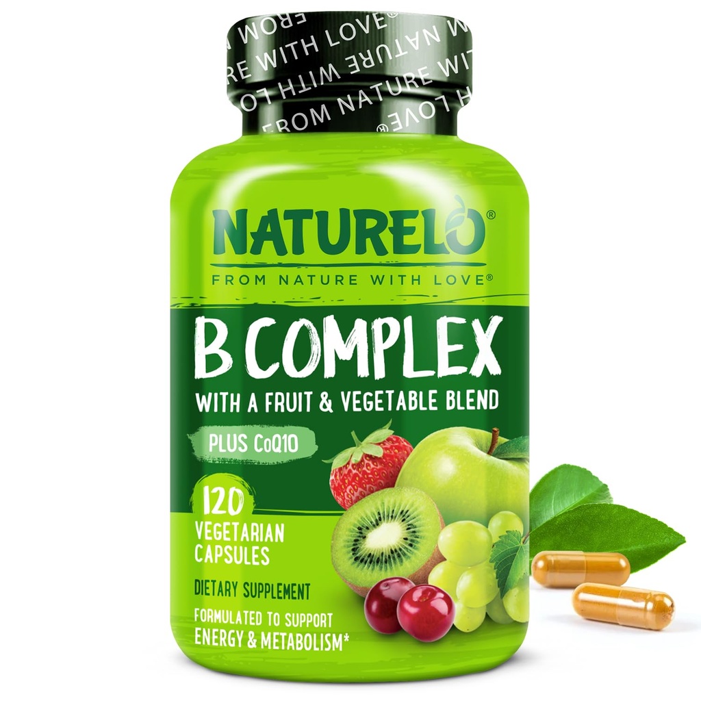 Methyl B12, 메틸 Folate, 비타민 B6, Biotin Plus Choline, CoQ10 및 과일 및 야채 혼합과 NATURELO 비타민 B 복합체 - 에너지 및 건강한 스트레스 응답 지원 - Vegan - 120 캡슐