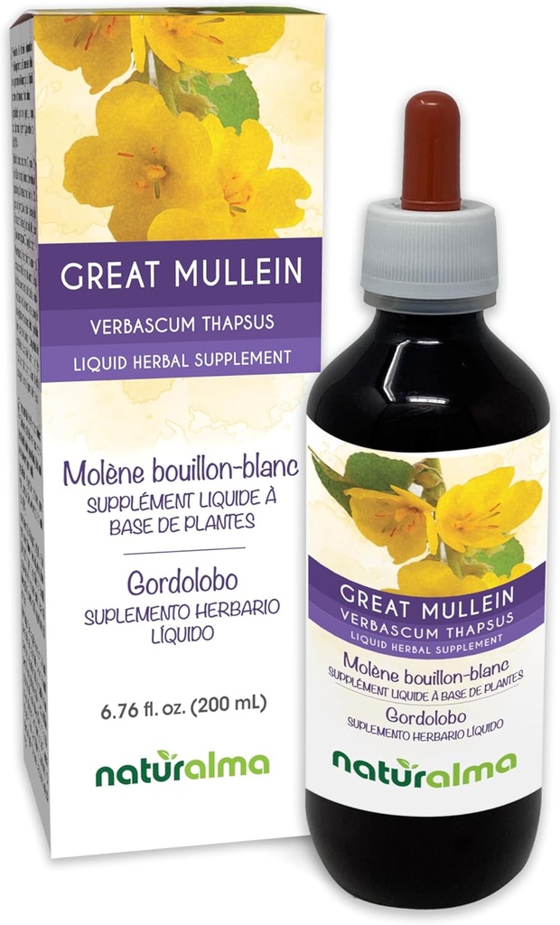 Naturalma Great Mullein 또는 Common Mullein (Verbascum thapsus) 꽃과 잎 알코올 - 무료 Tincture - 6.76 fl oz 액체 추출물 - 초본 보충 - Vegan
