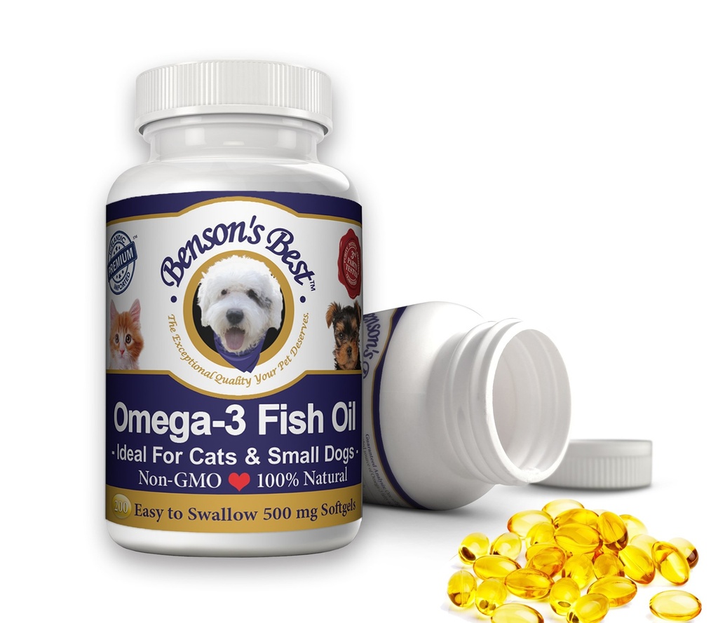Benson의 고양이 & 작은 개를위한 최고의 오메가 3 물고기 오일 - 200 Softgels 500mg - 43% 살몬 오일보다 오메가 3 지방산 - 100 % 순수, 비 GMO, 천연 애완 동물 식품 개 물고기 오일 보충제
