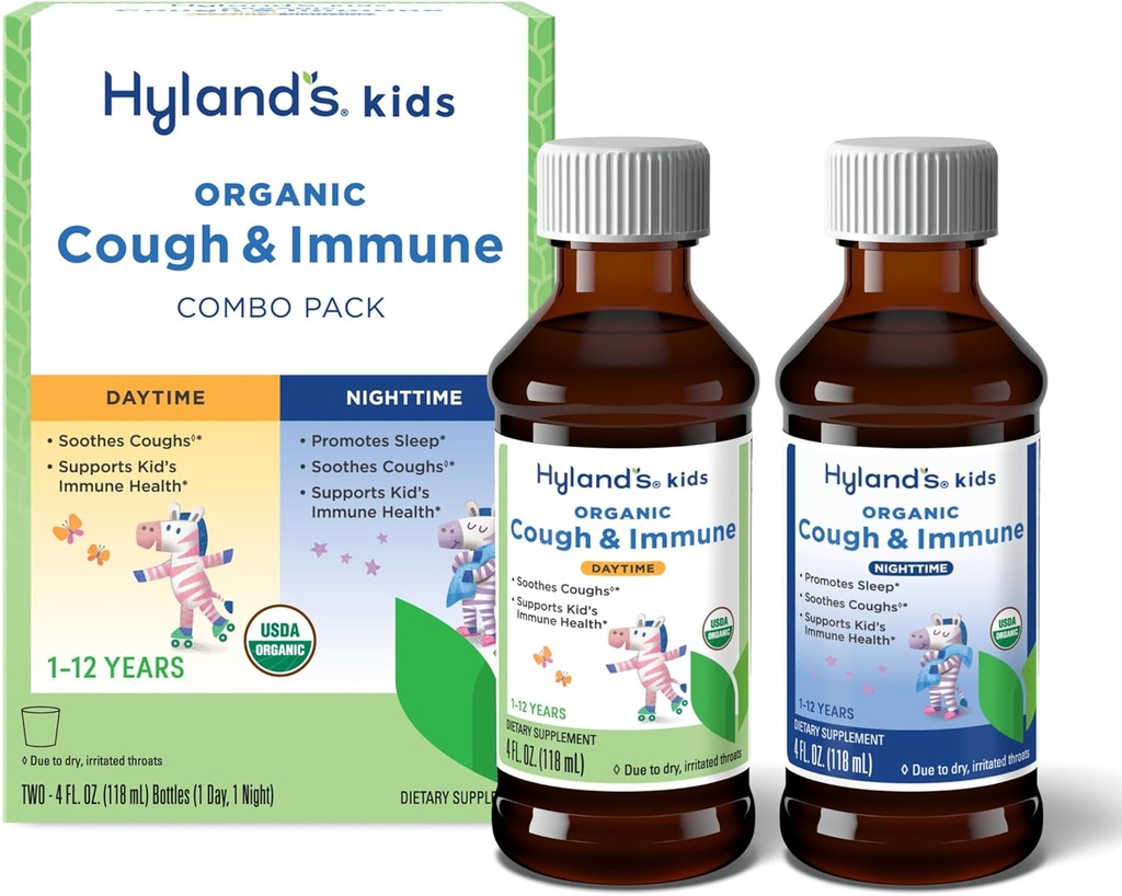 Hyland의 Kids Organic Cough와 Immune Day 및 Night Combo Pack, Eases Coughs, 지원 Immunity, 수면 촉진, 두 4 Fl Oz. 병 (8 fl oz)