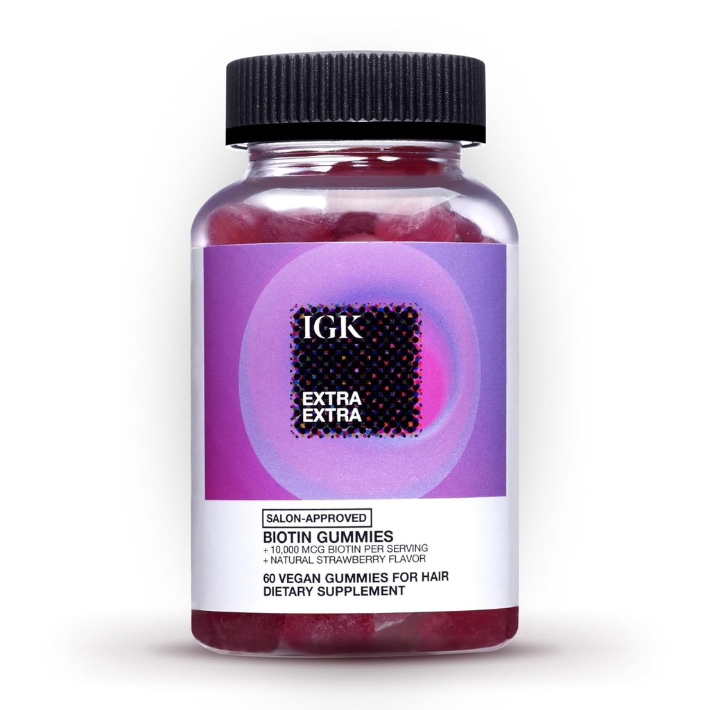 IGK Biotin 머리 Gummies 10,000mcg Biotin (60 조사), 딸기 맛, 건강한 머리, 피부 & 못, Vegan, 도움 전투 탈모 & 희게하는을 위한 머리 성장 보충교재 Gummies