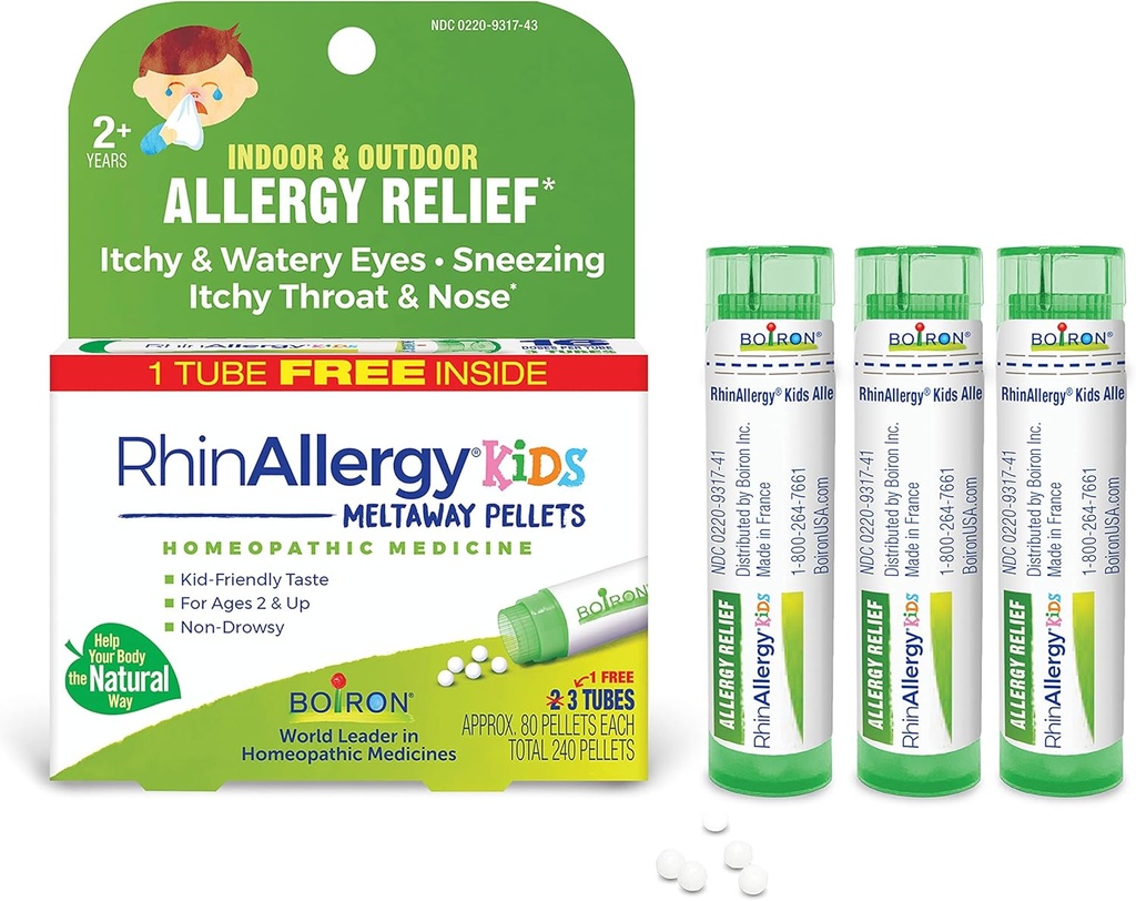 Boiron RhinAllergy Kids는 뱀, 토끼 코, 그리고 가려운 눈 또는 목구멍의 알레르기 증상에서 완화를위한 펠릿 - 3 개 (240 펠릿)