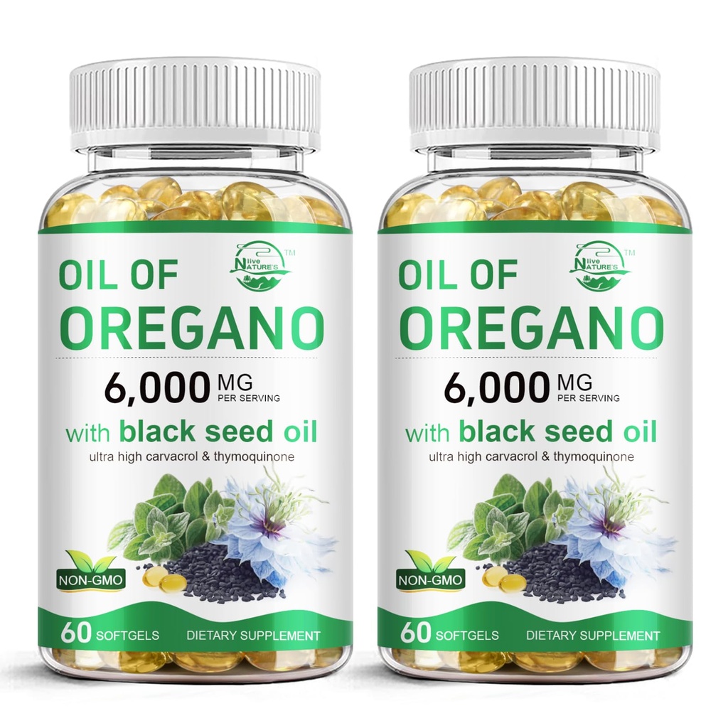 Nature's live oil of Oregano with Black Seed Oil, 2 in 1 Oregano Supplement for Immune Health, High Concentrated Carvacrol & Thymoquinone, Non-GMO, 60 Softgels, 2 Pack