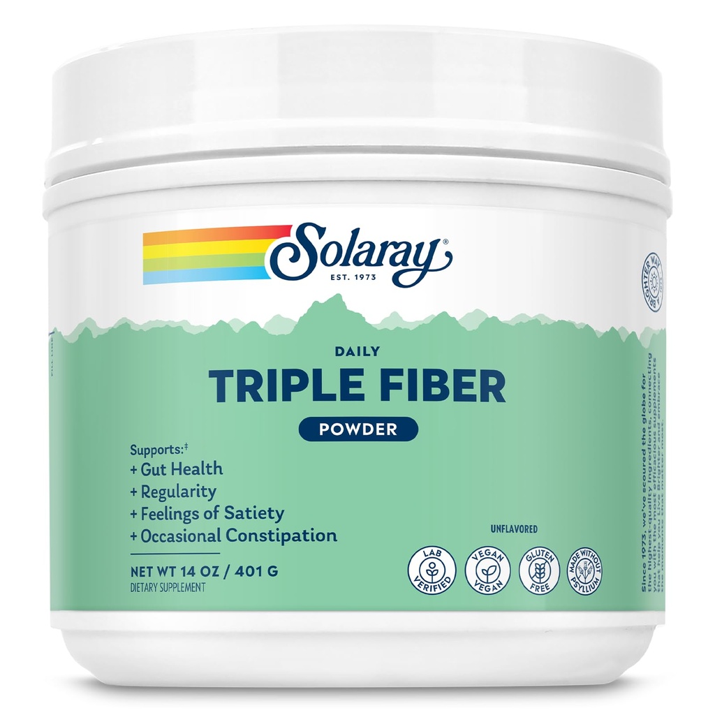 SOLARAY 트리플 파이버 파우더 - 여성 및 남성용 일일 섬유 보충 - Gut Health, Occasional Constipation, Digestive Health Support, Unflavored, Vegan, Gluten Free, 30 서빙, 14oz