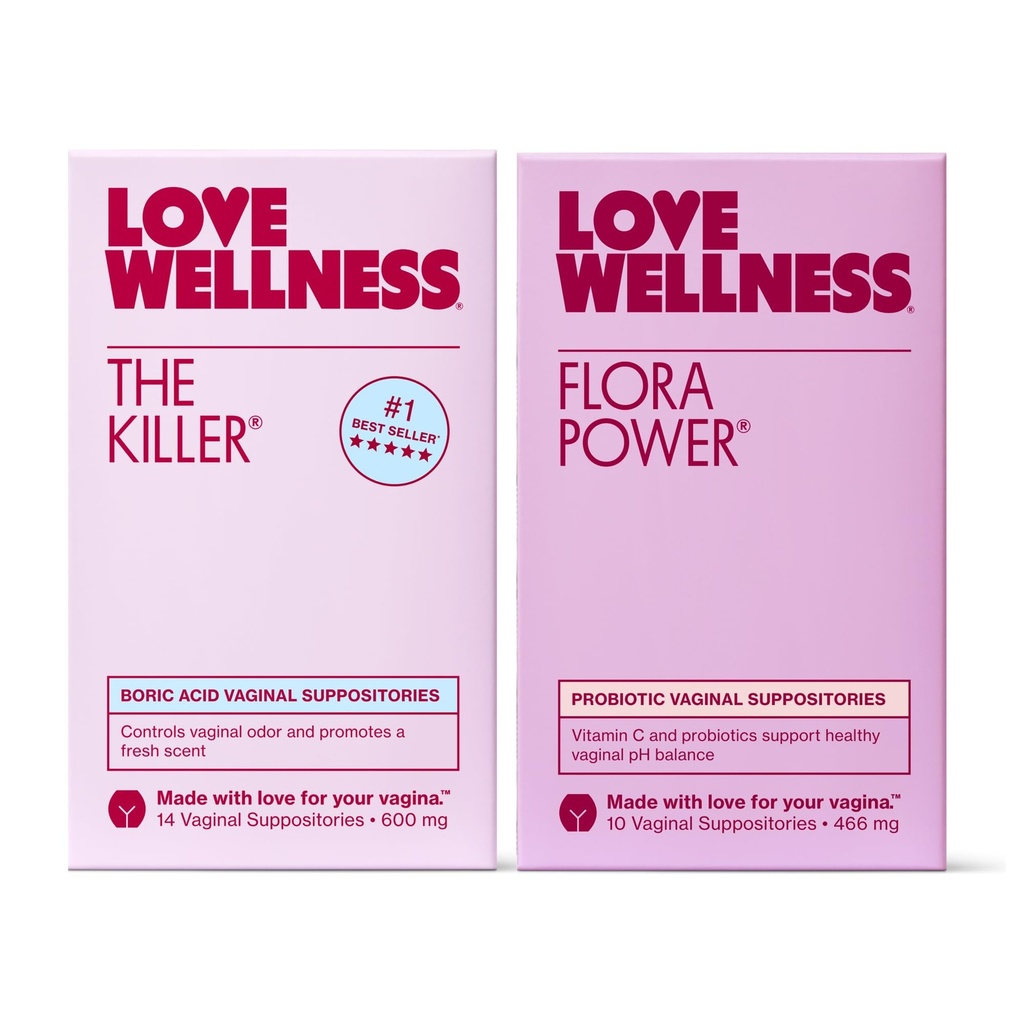 Love Wellness The Killer & Flora Power | Vaginal Suppository Duo 와 Boric Acid, Probiotics & Vitamin C | pH 밸런스, 냄새 조절 및 여성 건강 지원 | 향수 무료, 비 GMO & Paraben 무료