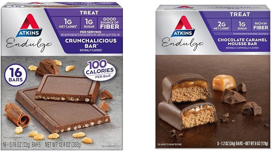Atkins Endulge Crunchalicious Chocolate Bar, 16 카운트 & 초콜릿 카라멜 Mousse Bar, 5 카운트