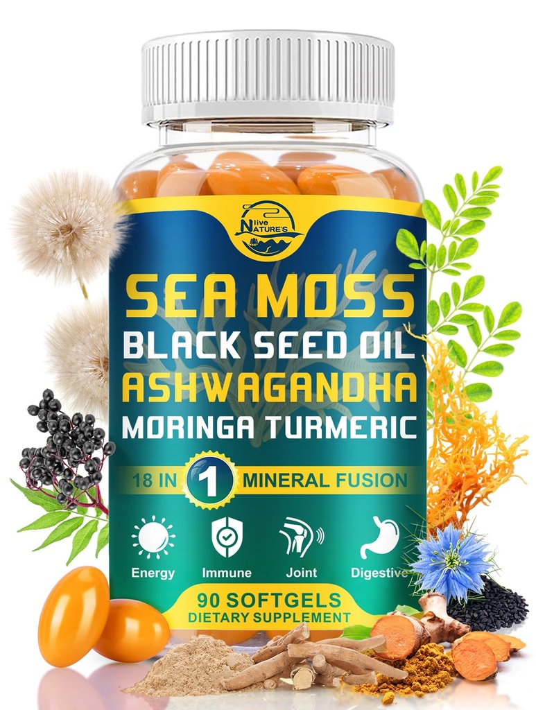 Nature's live Organic Sea Moss Softgels, Black Seed Oil, Ashwagandha, Bladderwrack, Ginger, Burdock Root, Manuka Honey, Immune System, 스킨, 에너지, 90 Softgels, 1 팩