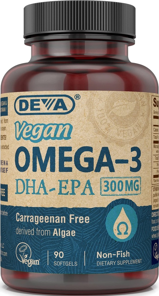 DEVA Vegan Omega-3 DHA-EPA 300MG - Carrageenan, 조류, 비 GMO, 90 Gelatin-Free Softgels에서 파생 된 비 가짜 오일