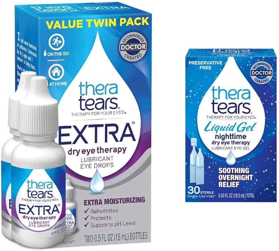 TheraTears 여분 건조한 눈 치료는 건조한 눈, 0.5 fl oz 병, 2개의 조사 (1의 포장)를 위한 눈 강하를 기름을 바르는 액체 젤 야간 시계를 기름을 바르고, 단 하나 사용 작은 유리병, 30 조사