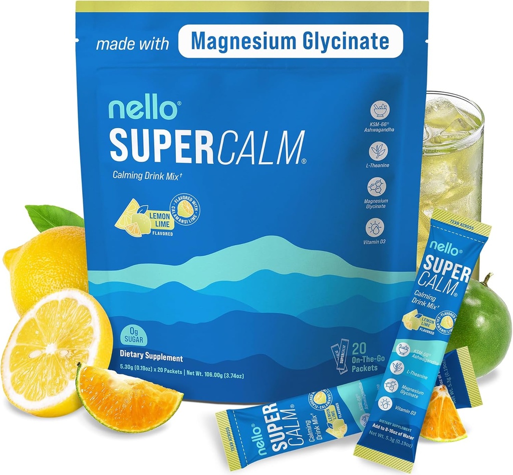 Nello Supercalm 음료 혼합 - Ashwagandha KSM 66, 마그네슘 글리세라이드 & L-Theanine 보충, 비타민 D3 - Ashwagandha 뿌리 추출물 - 초점과 Relaxation 지원 (20 여행 패킷) - 레몬 라임