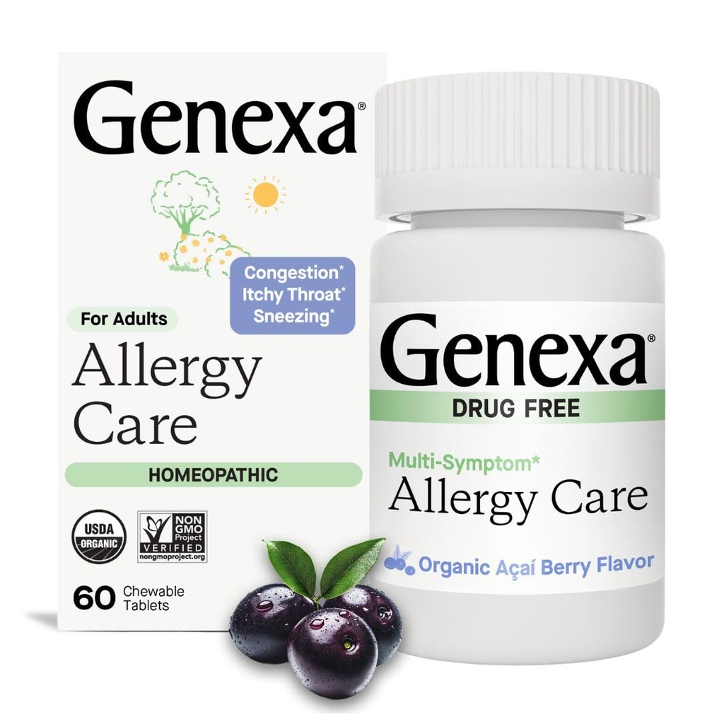 Genexa Allergy Care | 드래곤 프리, 비-Drowsy Allergy & Decongestant Remedy for Adults | Vegan & Non-GMO | Homeopathic Allergy Relief Made Clean | 유기 Acai Berry 맛 | 60개의 화학 정제