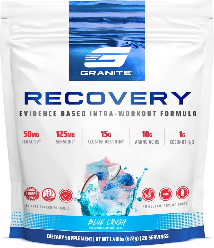 화강암 회복 Intra와 포스트 운동 보충교재, 10g 아미노산과 더불어 파란 으깸 풍미, Electrolytes, 클러스터 Dextrin, & Sensoril, 지원 근육 회복 & 성장 (20 봉사)