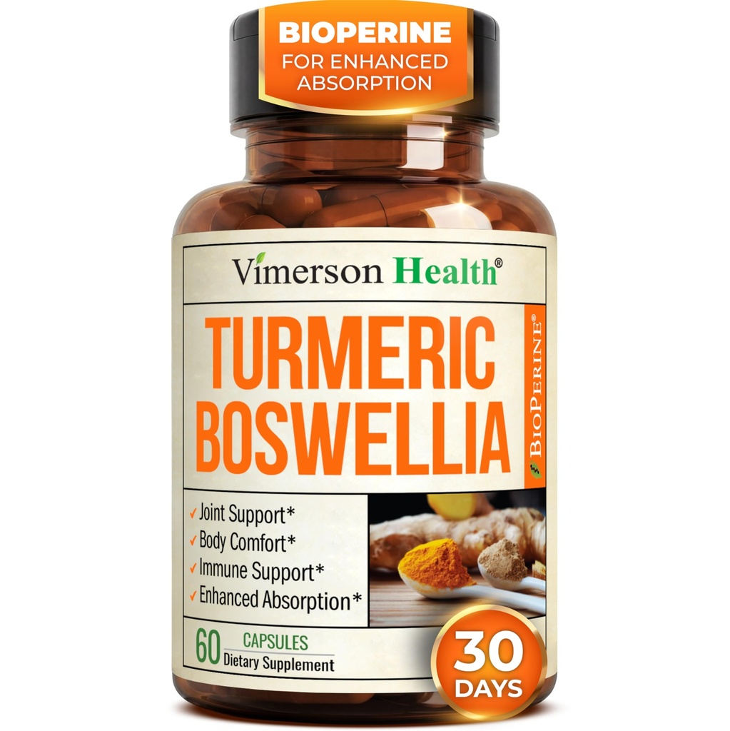 Boswellia Serrata Turmeric Supplement for Joint Support & Inflammation Balance – Ginger & Black Pepper Extract를 사용한 Turmeric Boswellia 보충 – Non-GMO - 60 캡슐